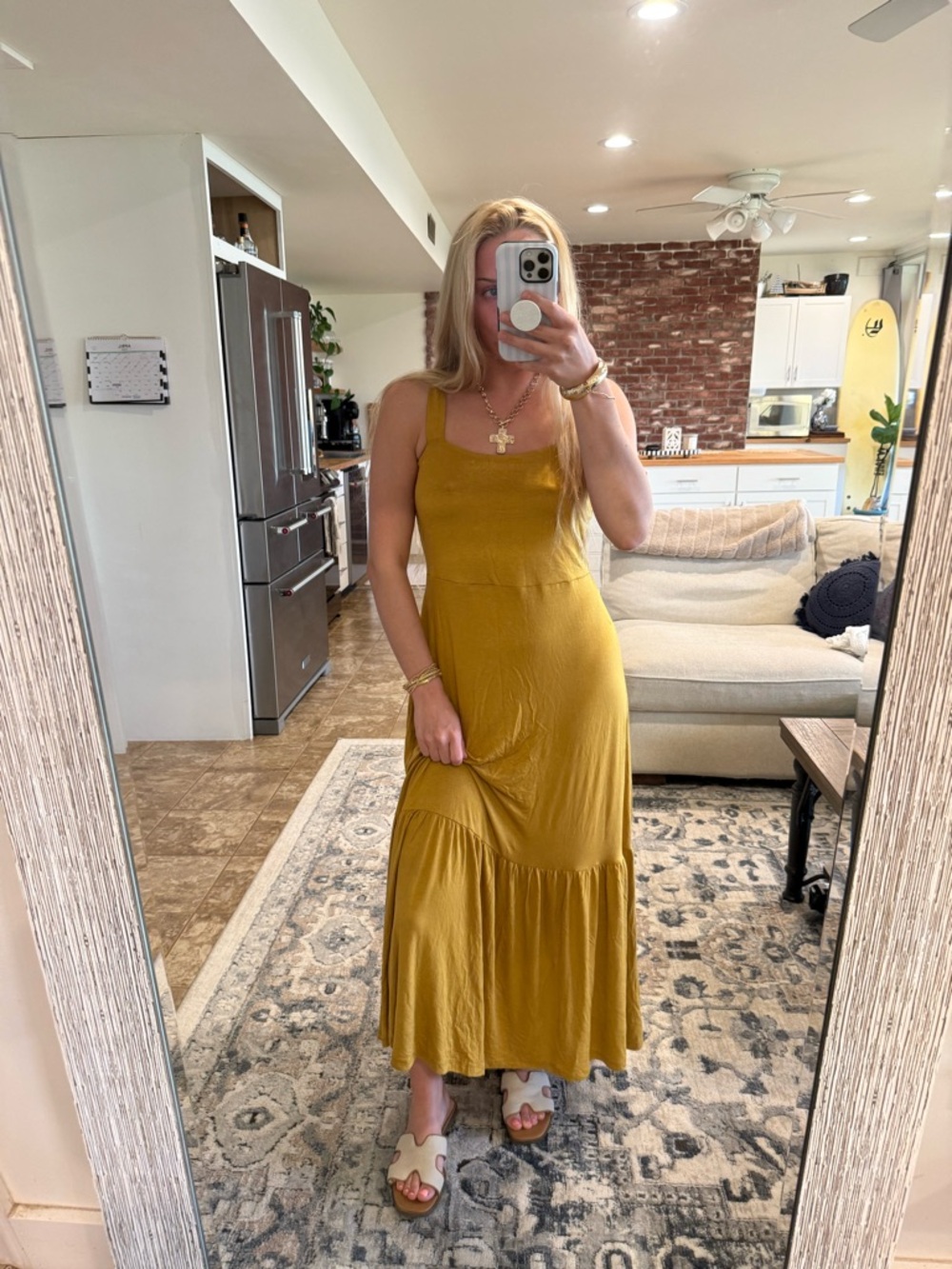 Tahari Mustard Sleeveless Tiered Maxi Dress